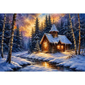 Snowy forest chapel landscape in watercolor winter landscape style for bedroom decor.