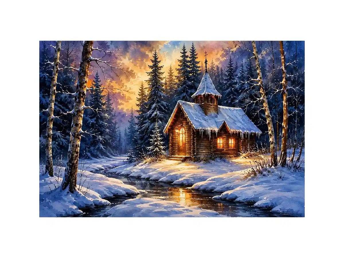 Snowy forest chapel landscape in watercolor winter landscape style for bedroom decor.