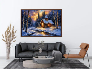 Snowy forest chapel landscape in watercolor winter landscape style for bedroom decor.