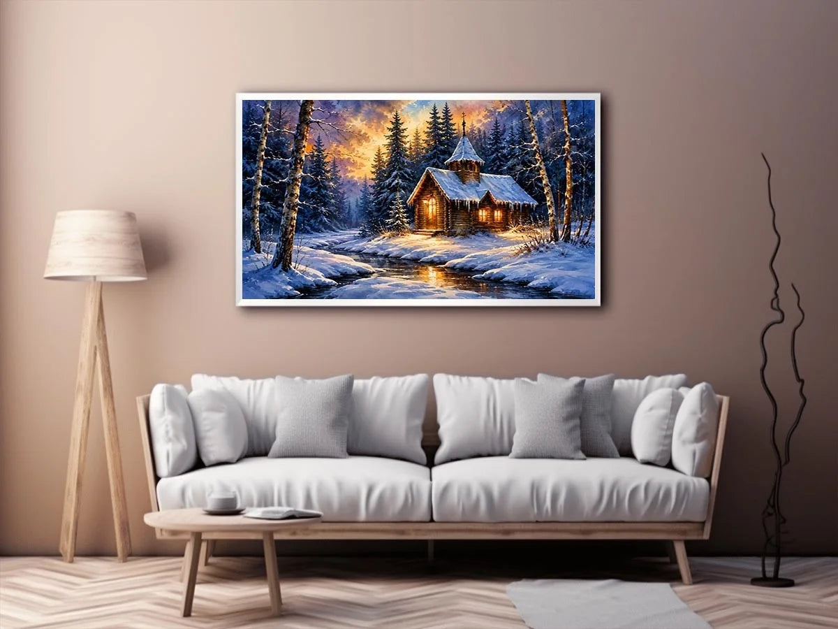 Snowy forest chapel landscape in watercolor winter landscape style for bedroom decor.