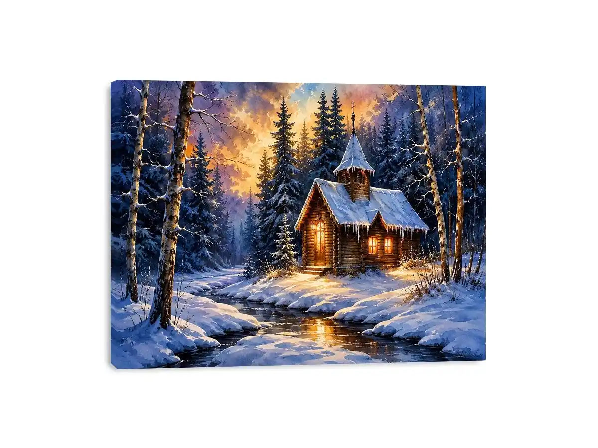 Snowy forest chapel landscape in watercolor winter landscape style for bedroom decor.