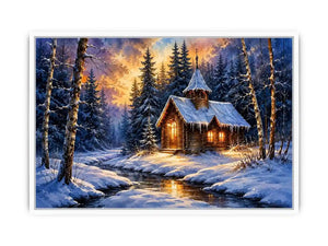 Snowy forest chapel landscape in watercolor winter landscape style for bedroom decor.