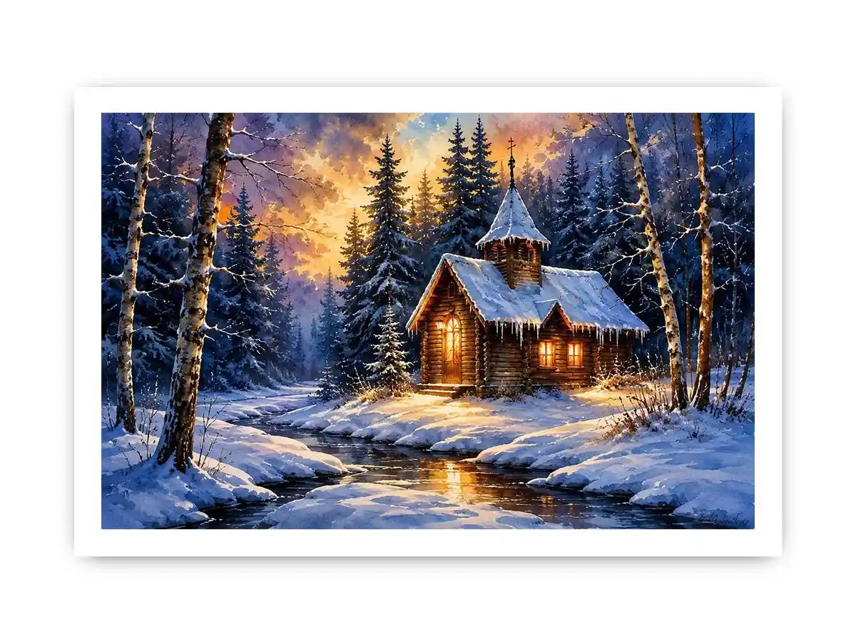 Snowy forest chapel landscape in watercolor winter landscape style for bedroom decor.
