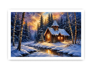 Snowy forest chapel landscape in watercolor winter landscape style for bedroom decor.