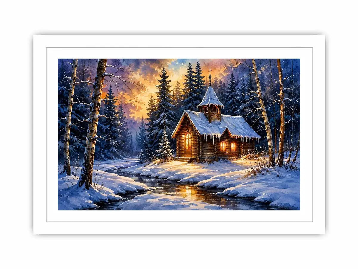 Snowy forest chapel landscape in watercolor winter landscape style for bedroom decor.