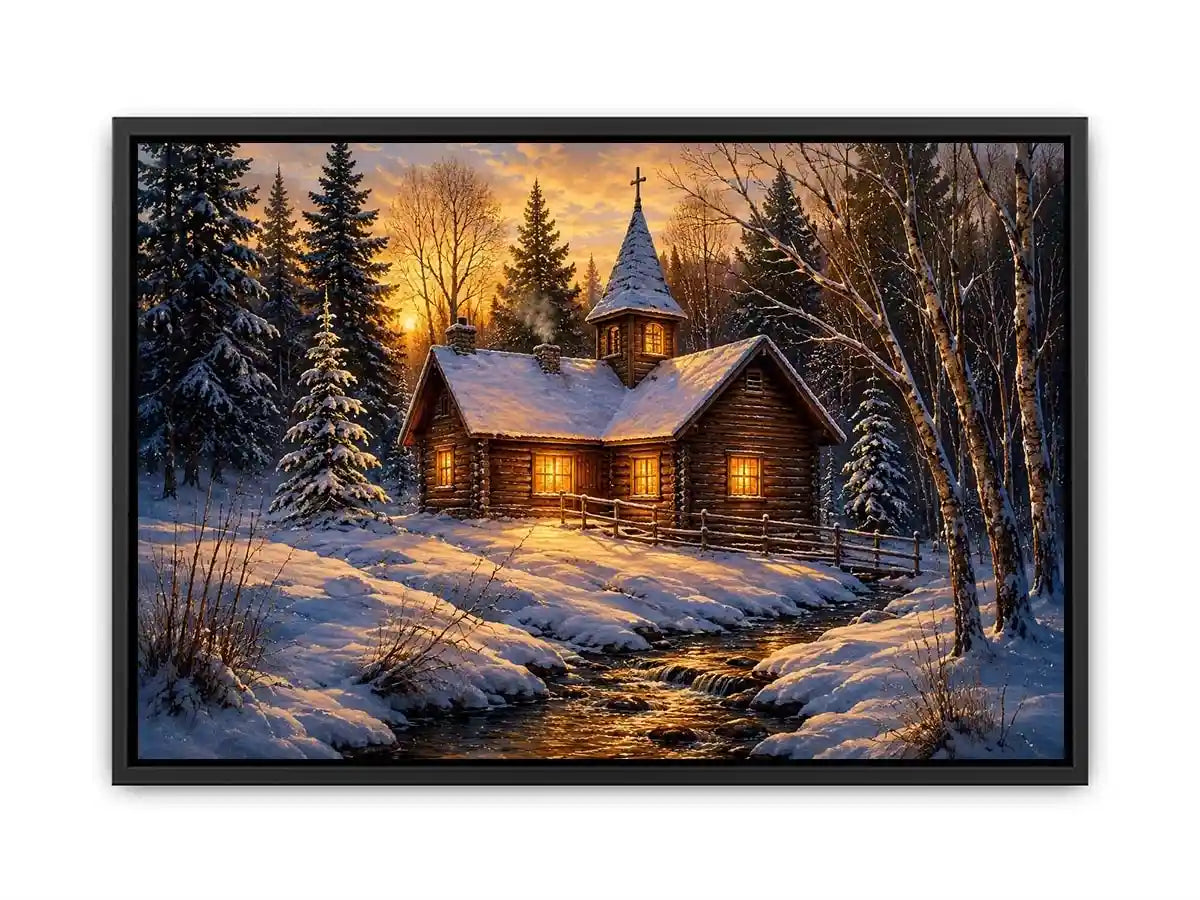 Snow covered cabin chapel in rustic winter artwork style for living room decor.