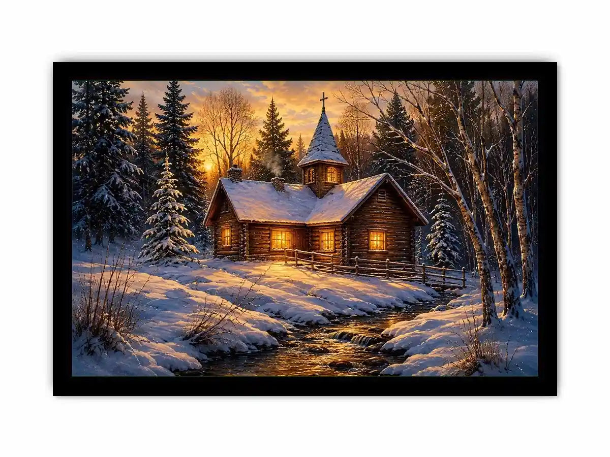 Snow covered cabin chapel in rustic winter artwork style for living room decor.
