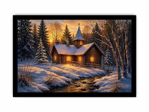 Snow covered cabin chapel in rustic winter artwork style for living room decor.