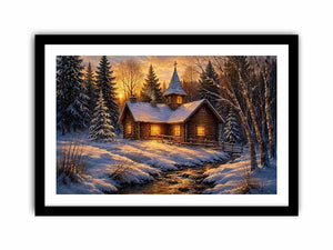 Snow covered cabin chapel in rustic winter artwork style for living room decor.
