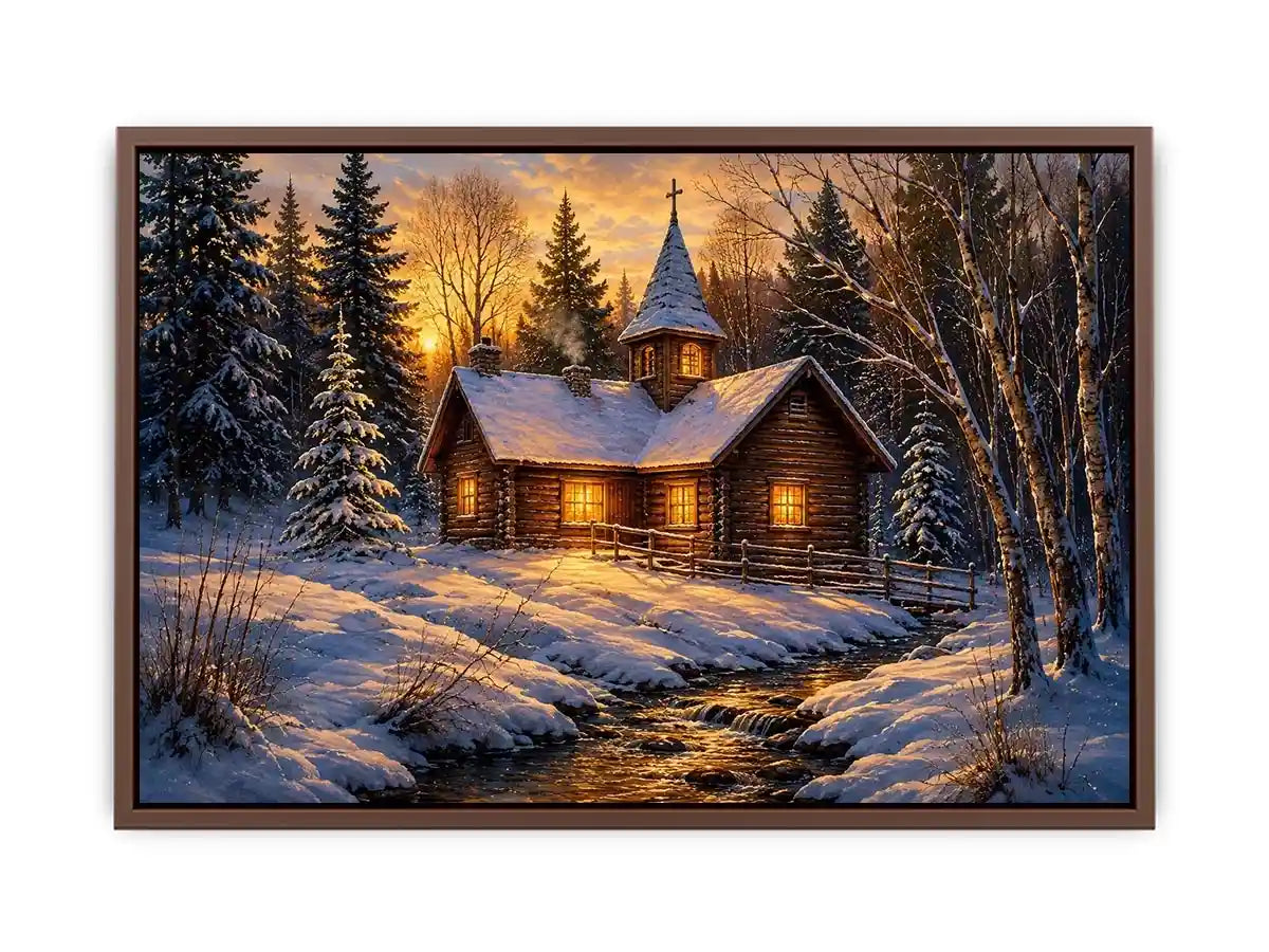 Snow covered cabin chapel in rustic winter artwork style for living room decor.