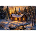 Snow covered cabin chapel in rustic winter artwork style for living room decor.