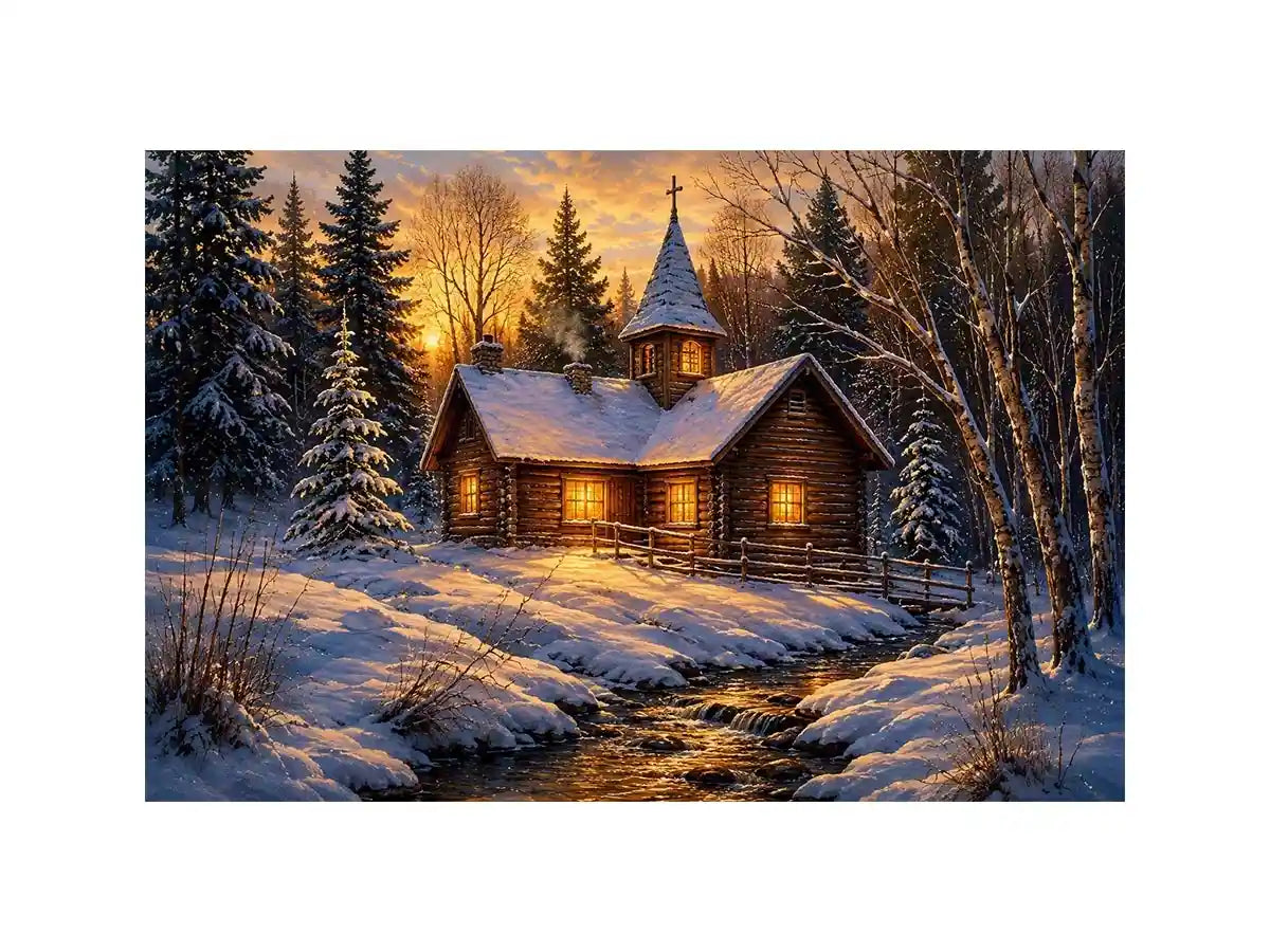Snow covered cabin chapel in rustic winter artwork style for living room decor.
