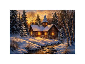 Snow covered cabin chapel in rustic winter artwork style for living room decor.