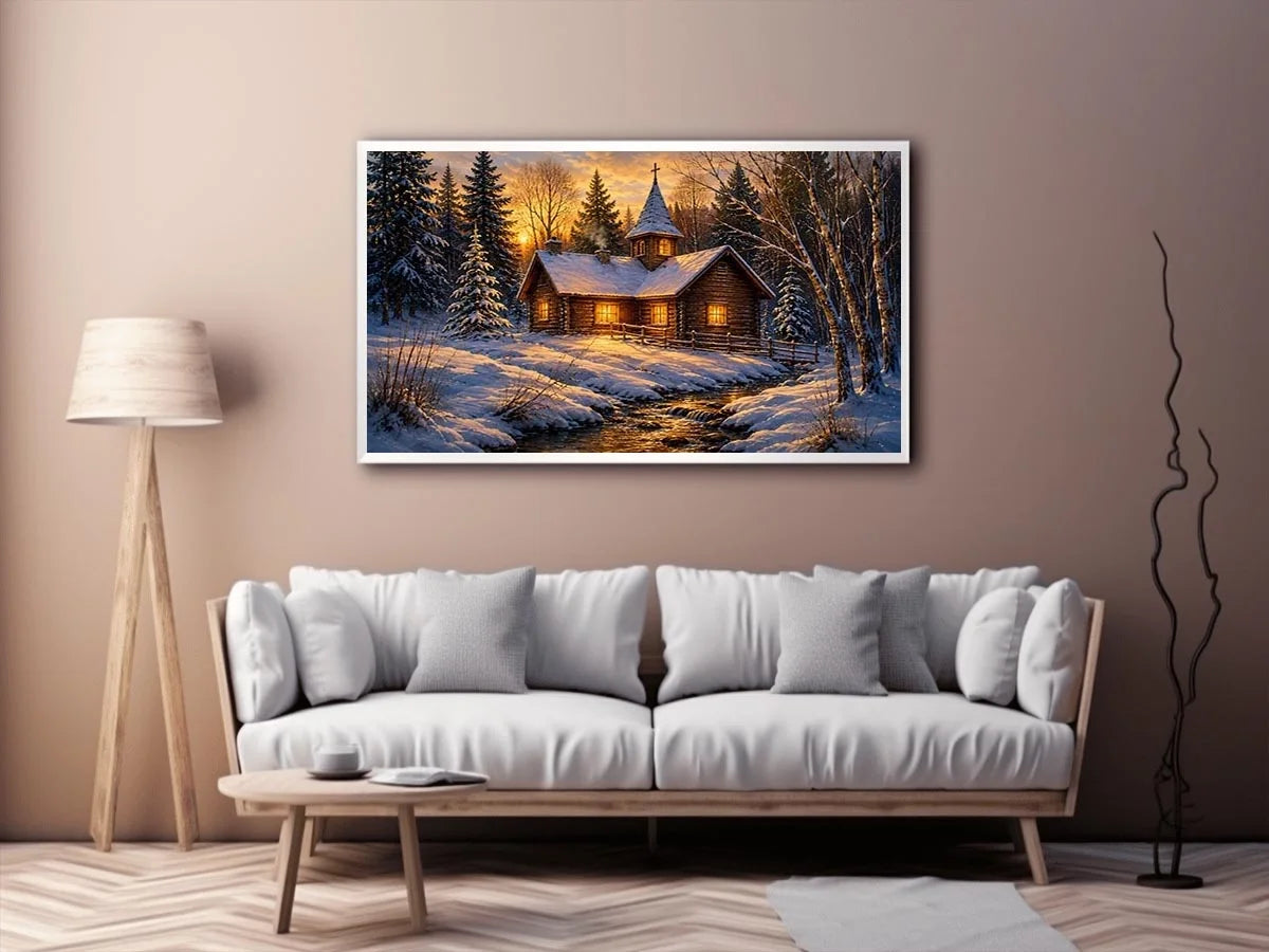 Snow covered cabin chapel in rustic winter artwork style for living room decor.