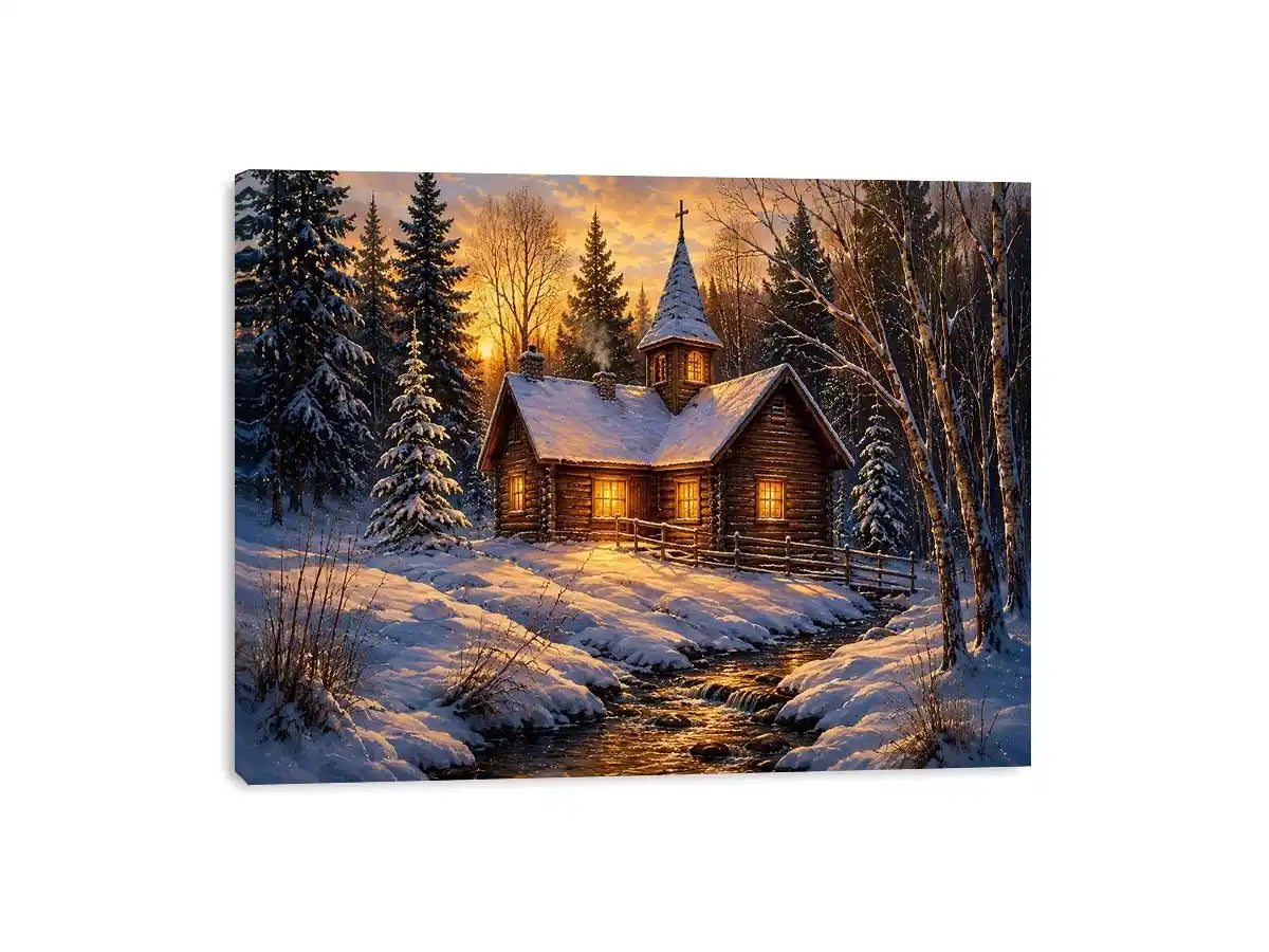 Snow covered cabin chapel in rustic winter artwork style for living room decor.