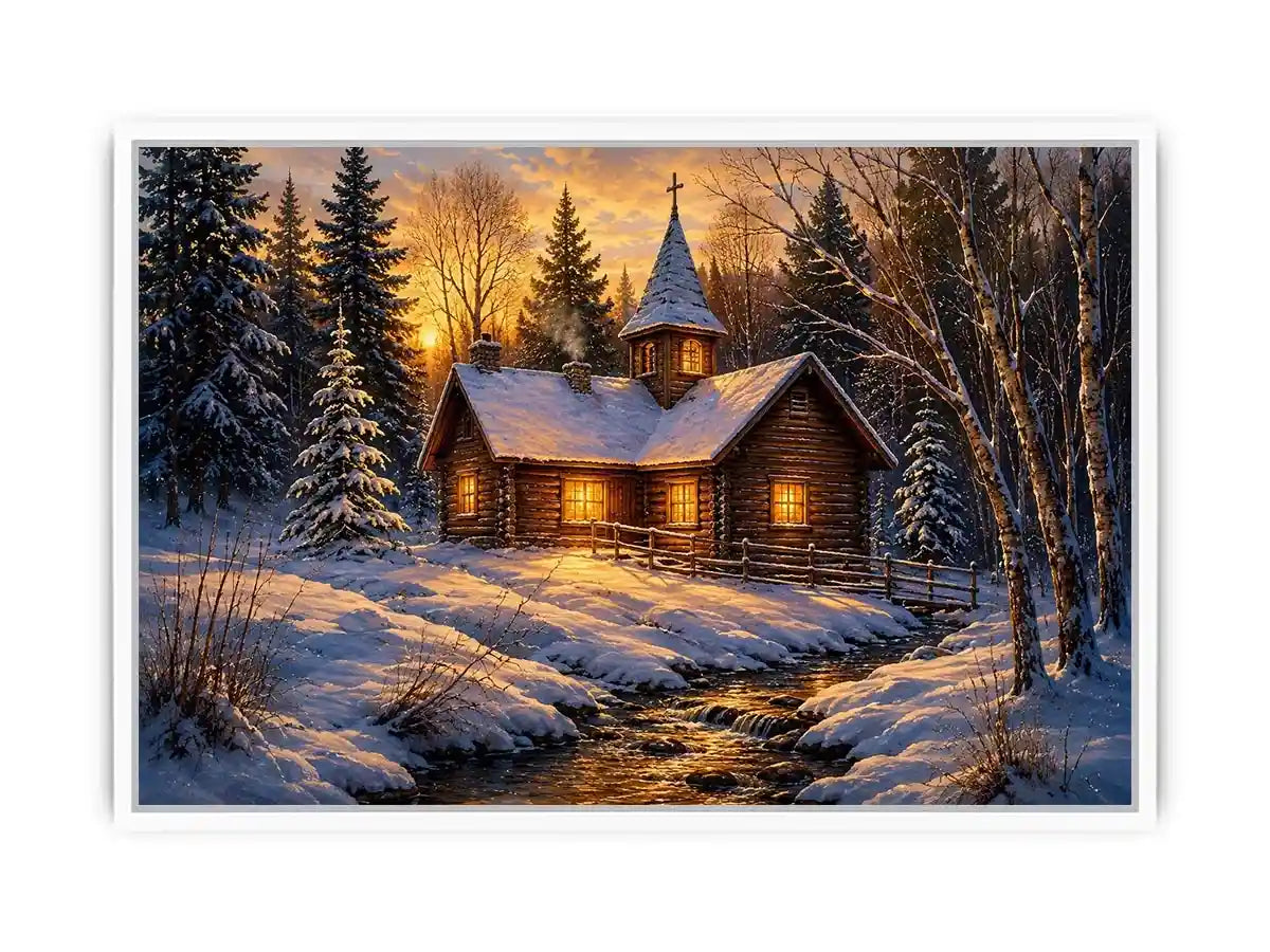 Snow covered cabin chapel in rustic winter artwork style for living room decor.