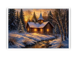 Snow covered cabin chapel in rustic winter artwork style for living room decor.