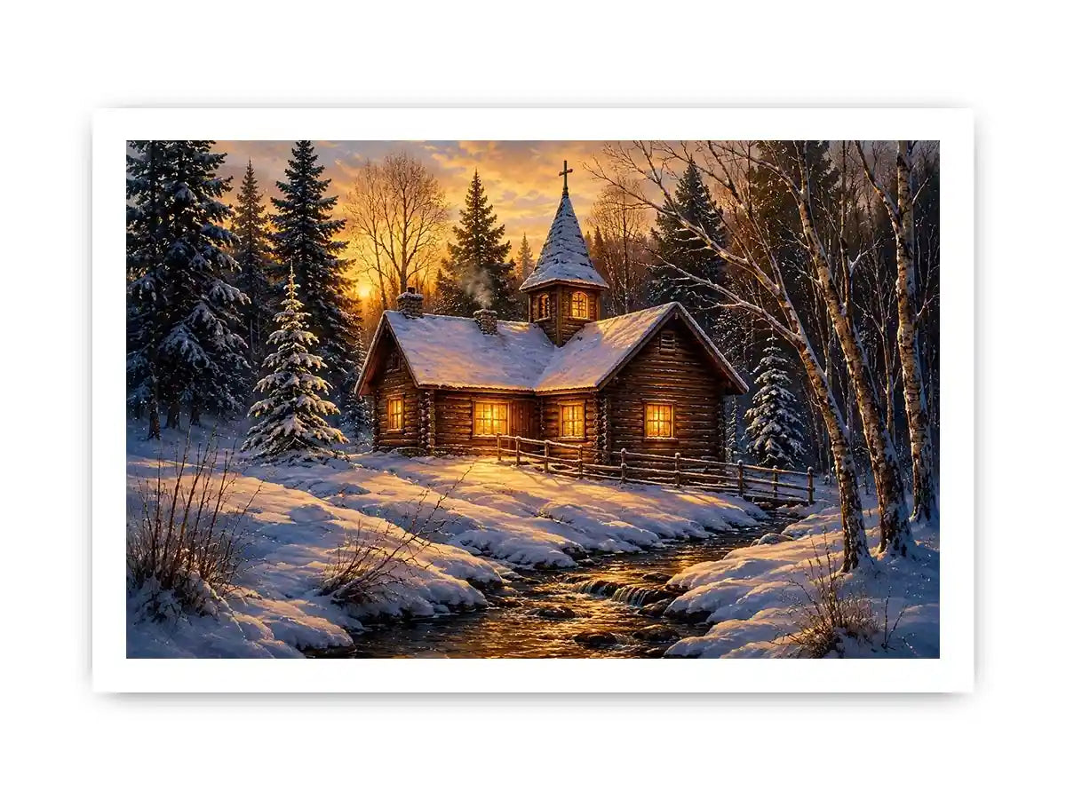 Snow covered cabin chapel in rustic winter artwork style for living room decor.