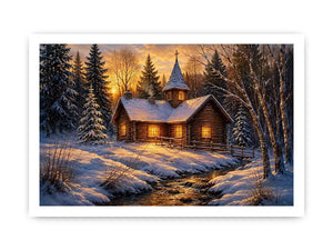Snow covered cabin chapel in rustic winter artwork style for living room decor.