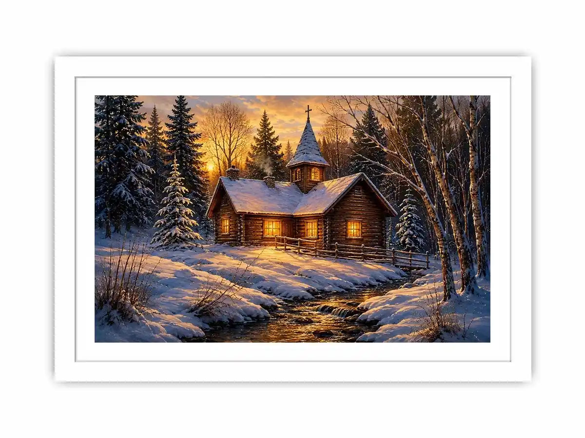 Snow covered cabin chapel in rustic winter artwork style for living room decor.