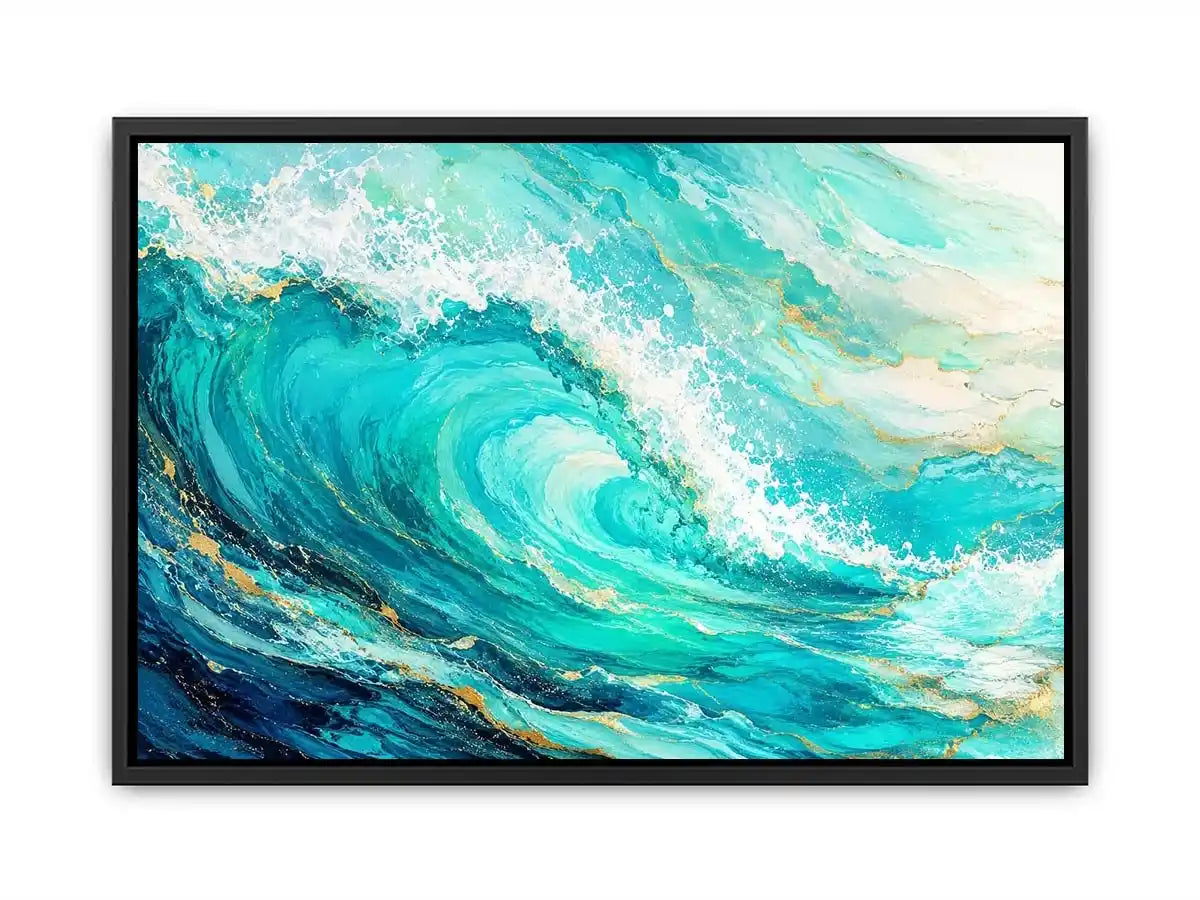 Turquoise crashing ocean waves in coastal aerial photography style for beach house decor.