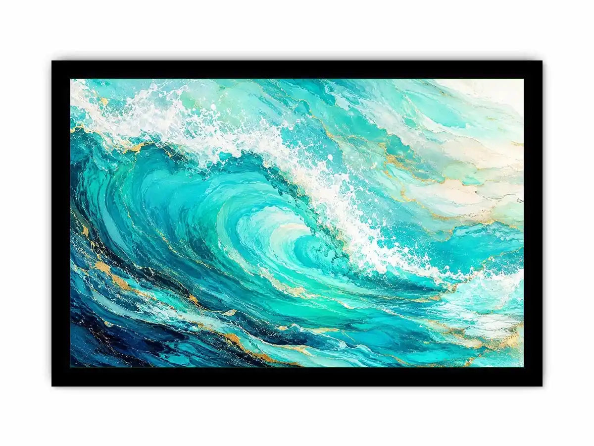 Turquoise crashing ocean waves in coastal aerial photography style for beach house decor.