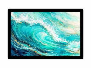 Turquoise crashing ocean waves in coastal aerial photography style for beach house decor.