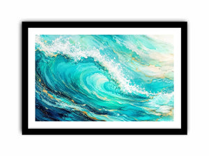 Turquoise crashing ocean waves in coastal aerial photography style for beach house decor.