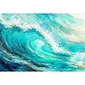 Turquoise crashing ocean waves in coastal aerial photography style for beach house decor.