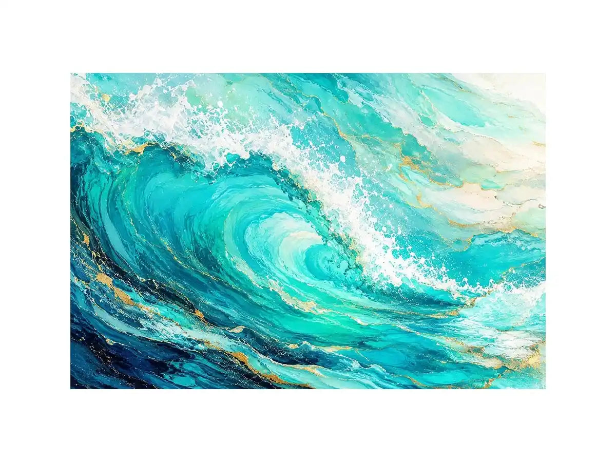 Turquoise crashing ocean waves in coastal aerial photography style for beach house decor.