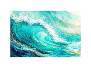 Turquoise crashing ocean waves in coastal aerial photography style for beach house decor.