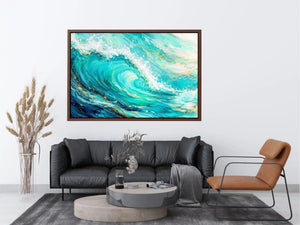 Turquoise crashing ocean waves in coastal aerial photography style for beach house decor.