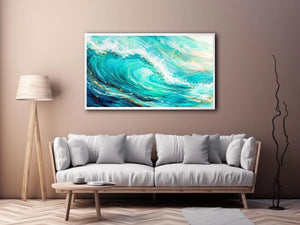 Turquoise crashing ocean waves in coastal aerial photography style for beach house decor.