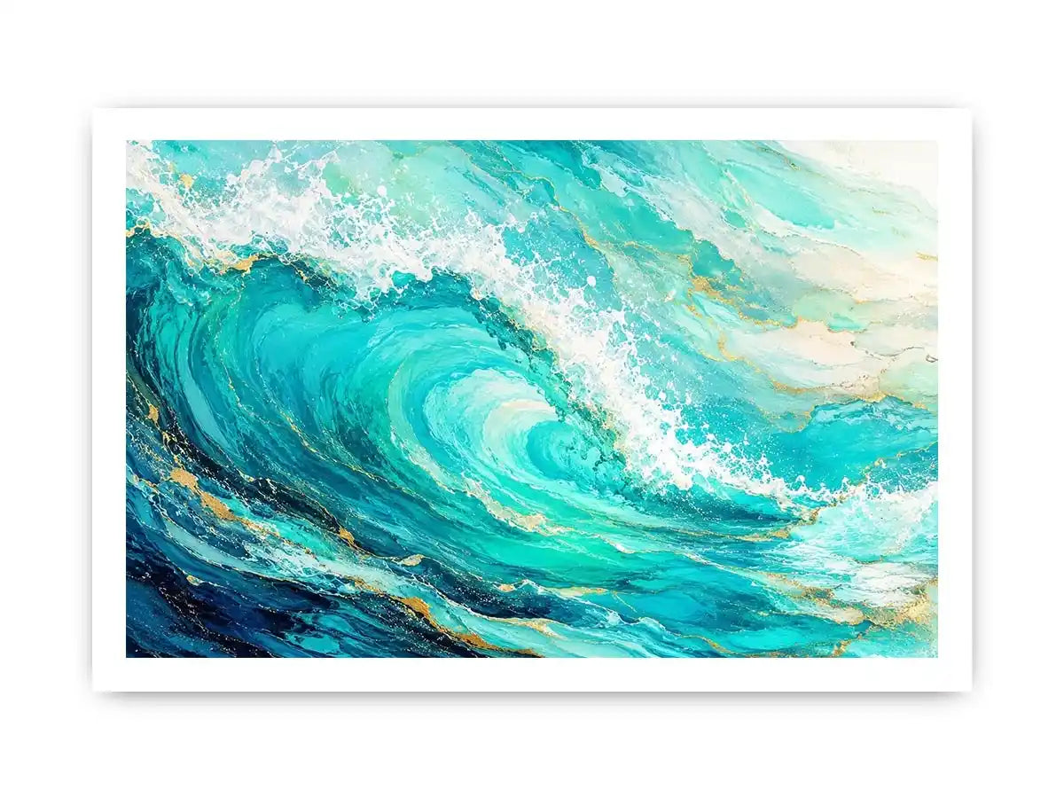 Turquoise crashing ocean waves in coastal aerial photography style for beach house decor.