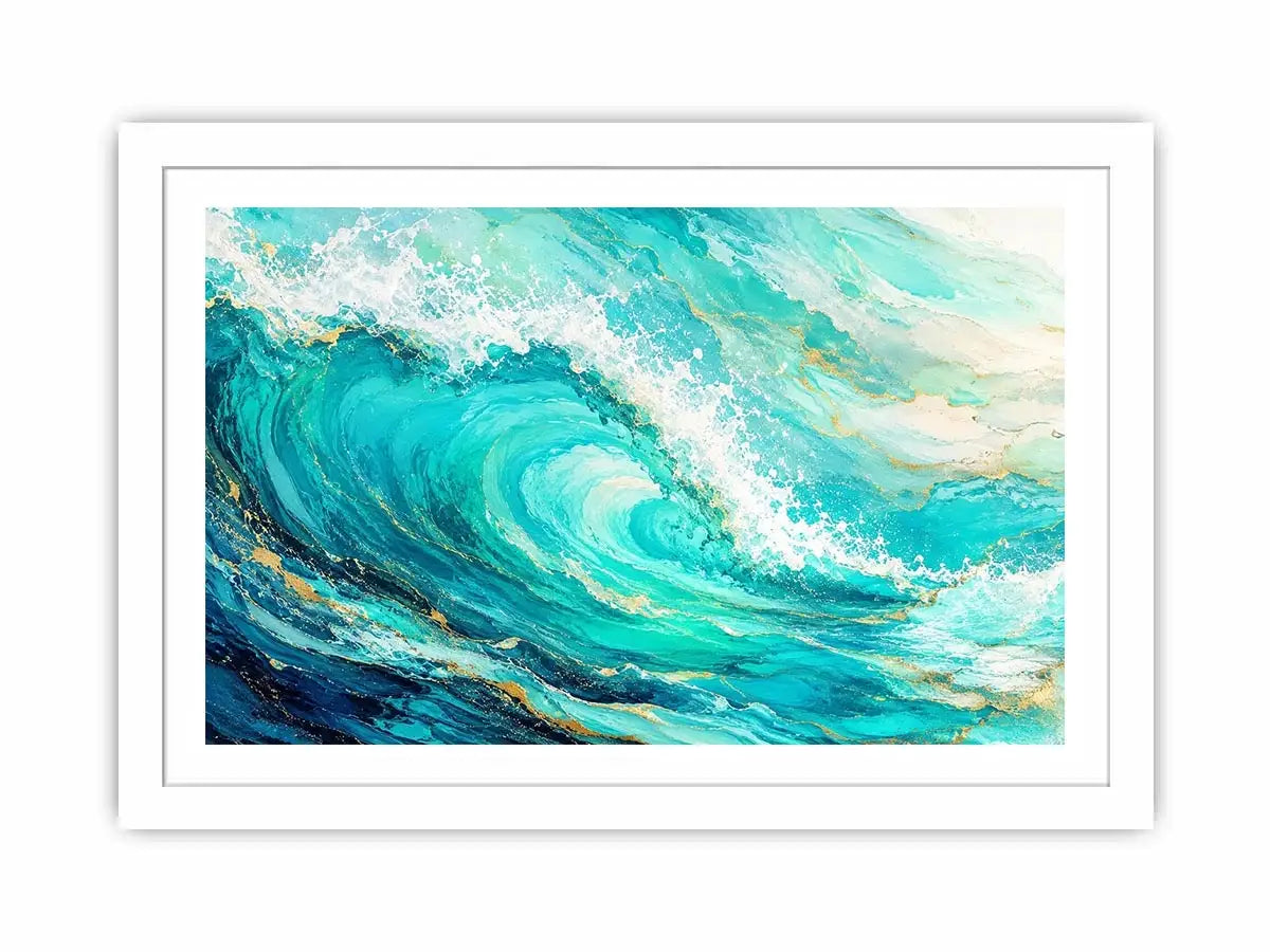 Turquoise crashing ocean waves in coastal aerial photography style for beach house decor.