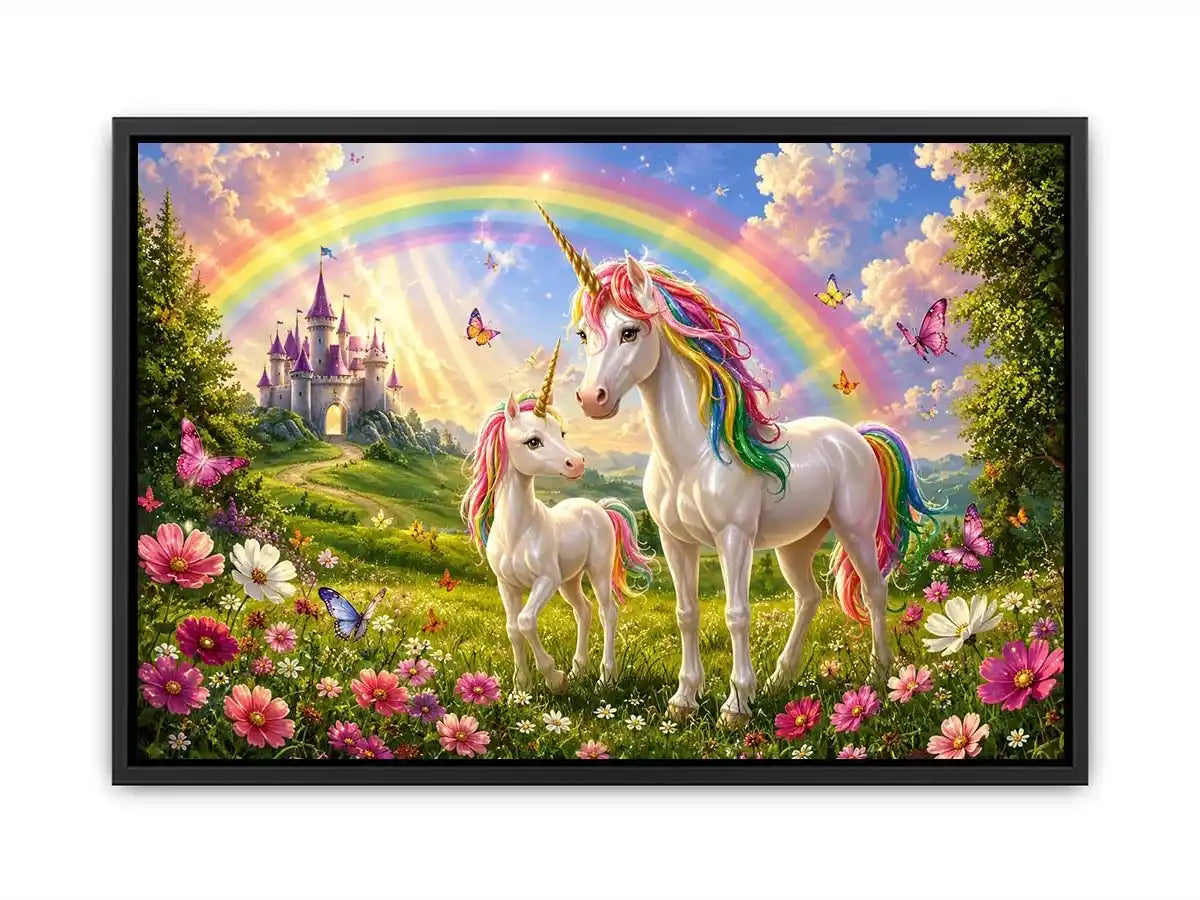 Unicorn family in rainbow meadow in fantasy illustration style for nursery decor.