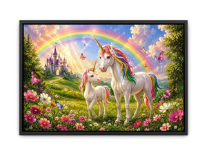 Unicorn family in rainbow meadow in fantasy illustration style for nursery decor.