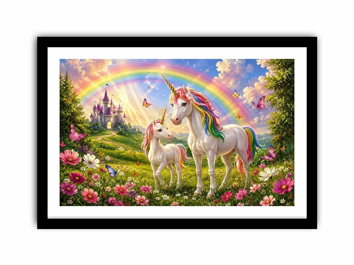 Unicorn family in rainbow meadow in fantasy illustration style for nursery decor.