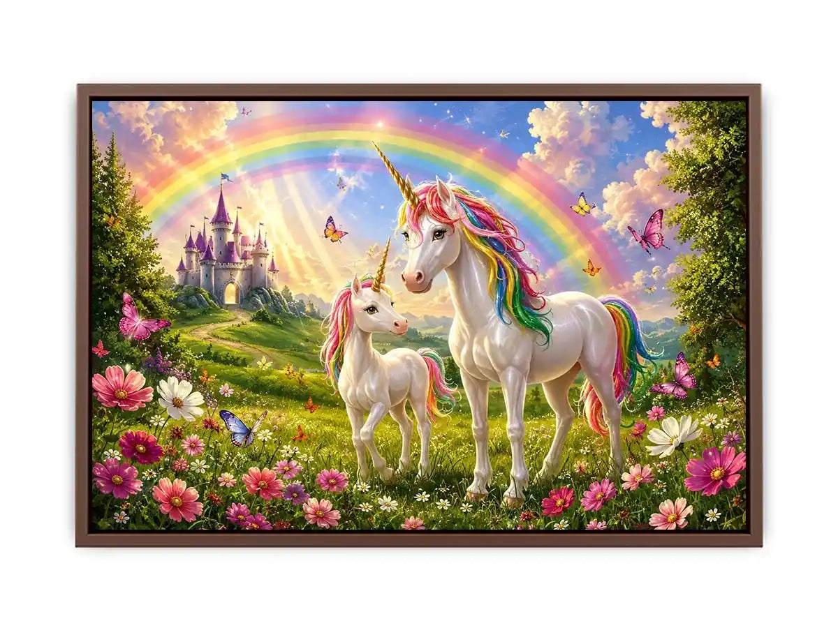 Unicorn family in rainbow meadow in fantasy illustration style for nursery decor.