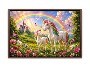 Unicorn family in rainbow meadow in fantasy illustration style for nursery decor.