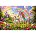 Unicorn family in rainbow meadow in fantasy illustration style for nursery decor.