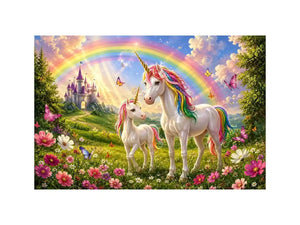 Unicorn family in rainbow meadow in fantasy illustration style for nursery decor.