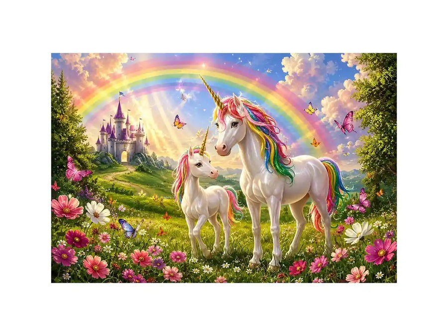Unicorn family in rainbow meadow in fantasy illustration style for nursery decor.