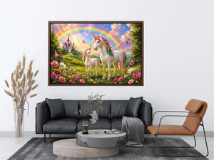 Unicorn family in rainbow meadow in fantasy illustration style for nursery decor.