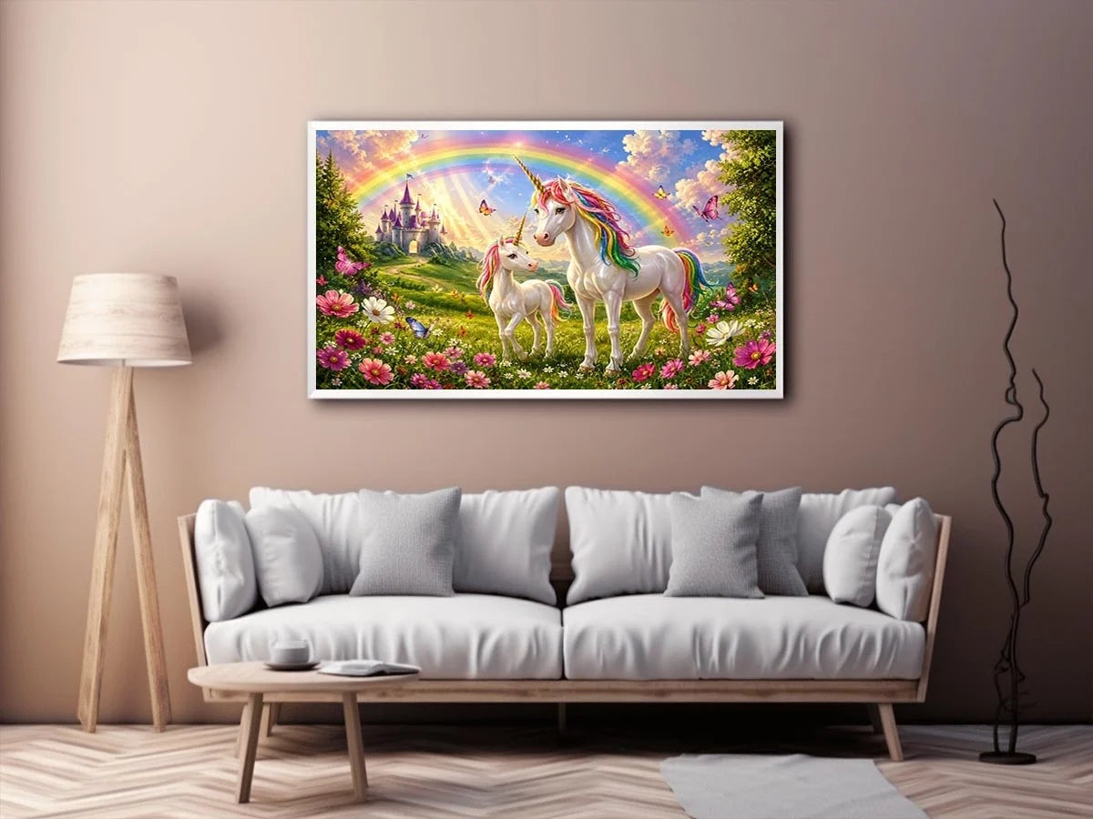Unicorn family in rainbow meadow in fantasy illustration style for nursery decor.