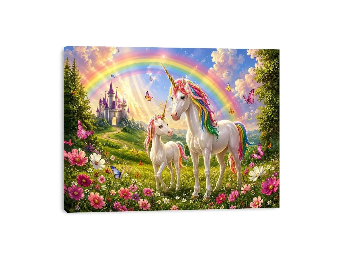 Unicorn family in rainbow meadow in fantasy illustration style for nursery decor.