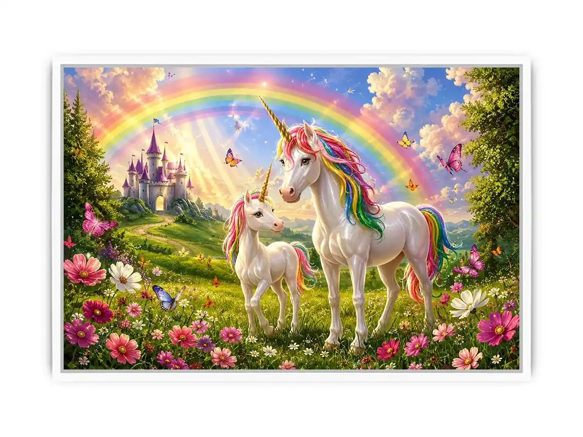 Unicorn family in rainbow meadow in fantasy illustration style for nursery decor.