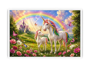 Unicorn family in rainbow meadow in fantasy illustration style for nursery decor.