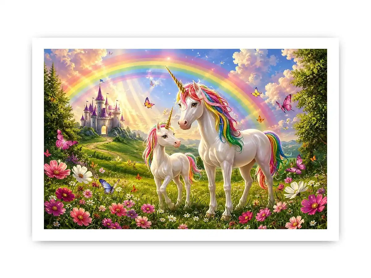 Unicorn family in rainbow meadow in fantasy illustration style for nursery decor.