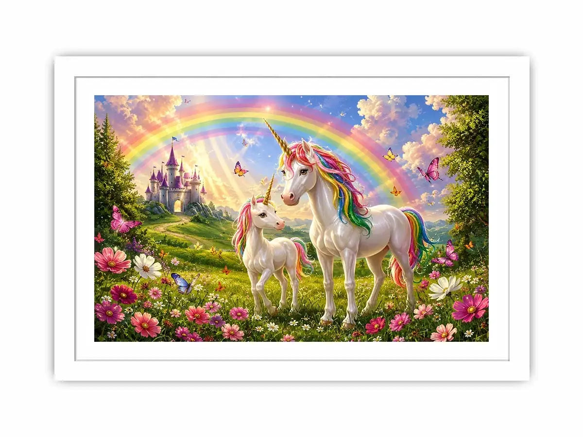 Unicorn family in rainbow meadow in fantasy illustration style for nursery decor.